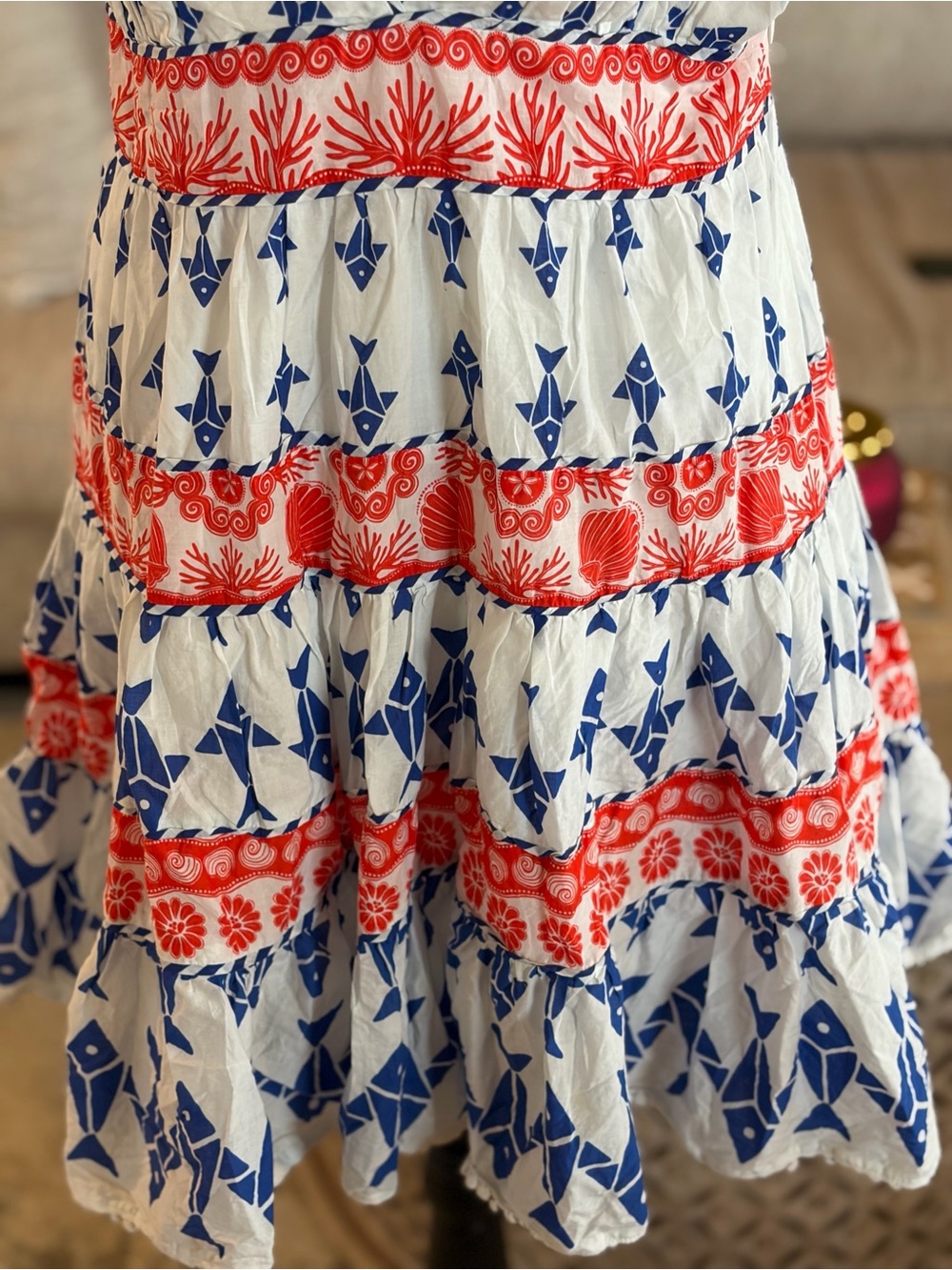 FARM Rio White Mini Dress with Blue Geometric Print and Red Trim - Picture 7 of 7